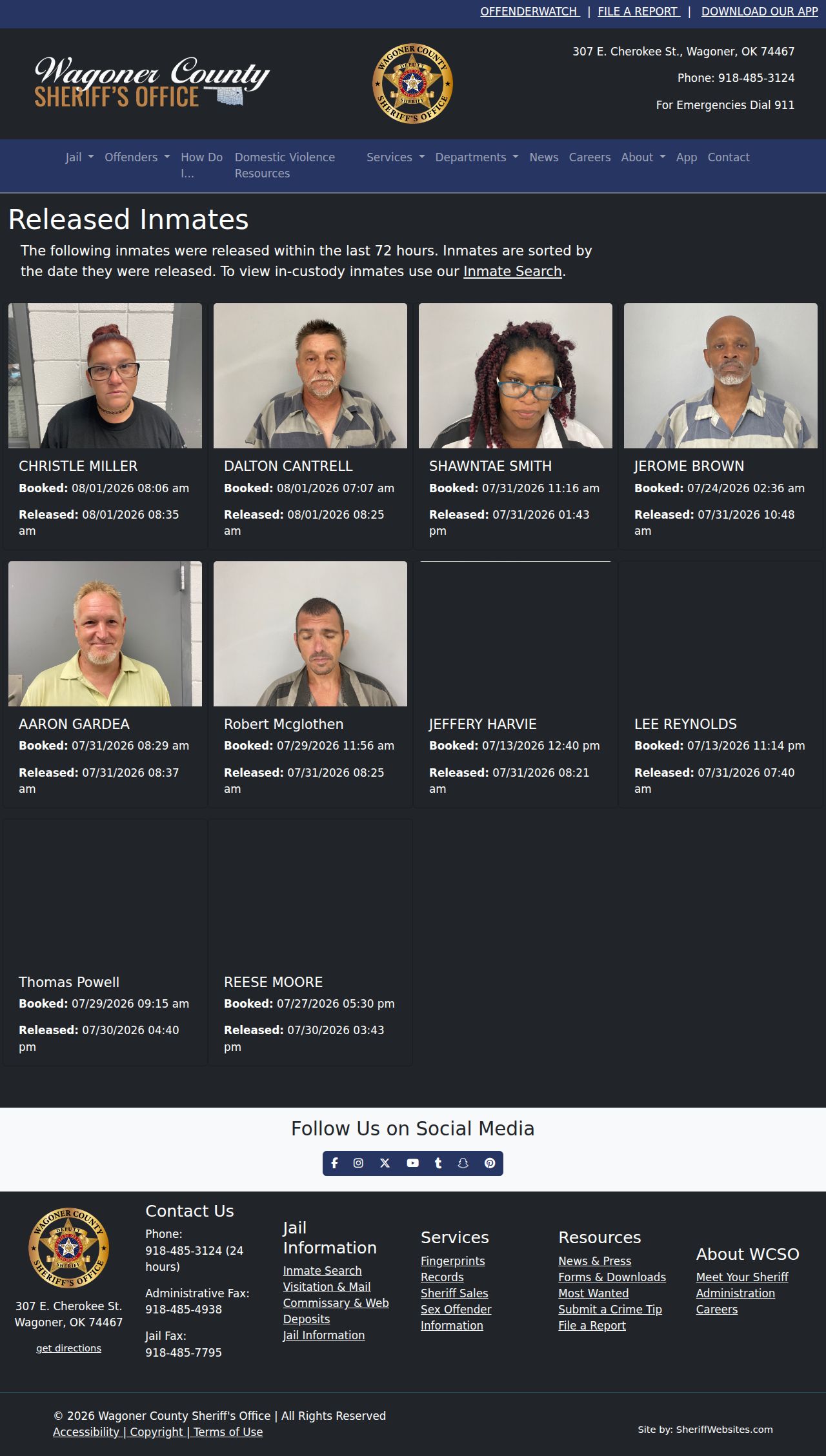 Wagoner County Sheriff released-inmates page showing the 72-hour scope and release fields