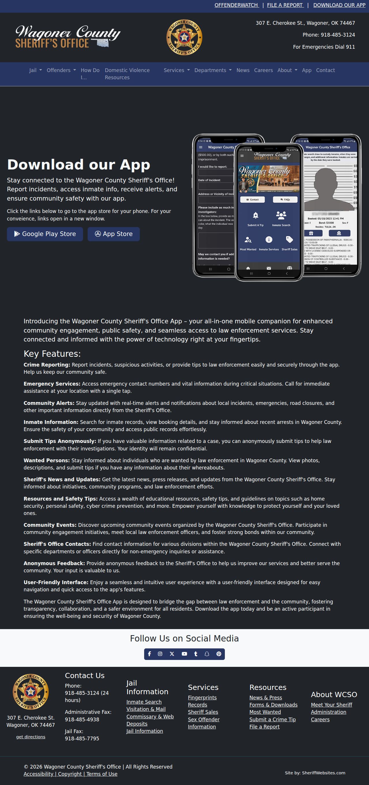 Official Wagoner County Sheriff mobile app page describing inmate information, alerts, and news