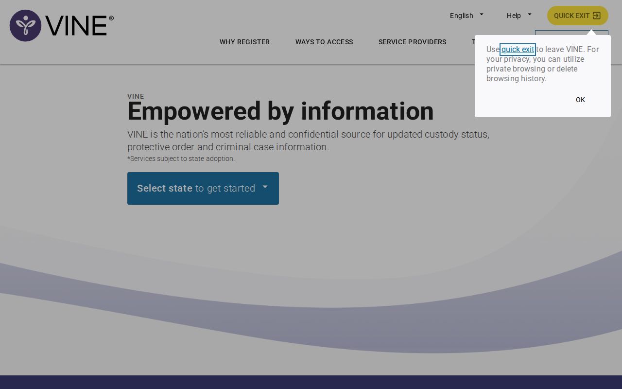 VINELink screen used to select Oklahoma and begin a Wagoner County inmate search