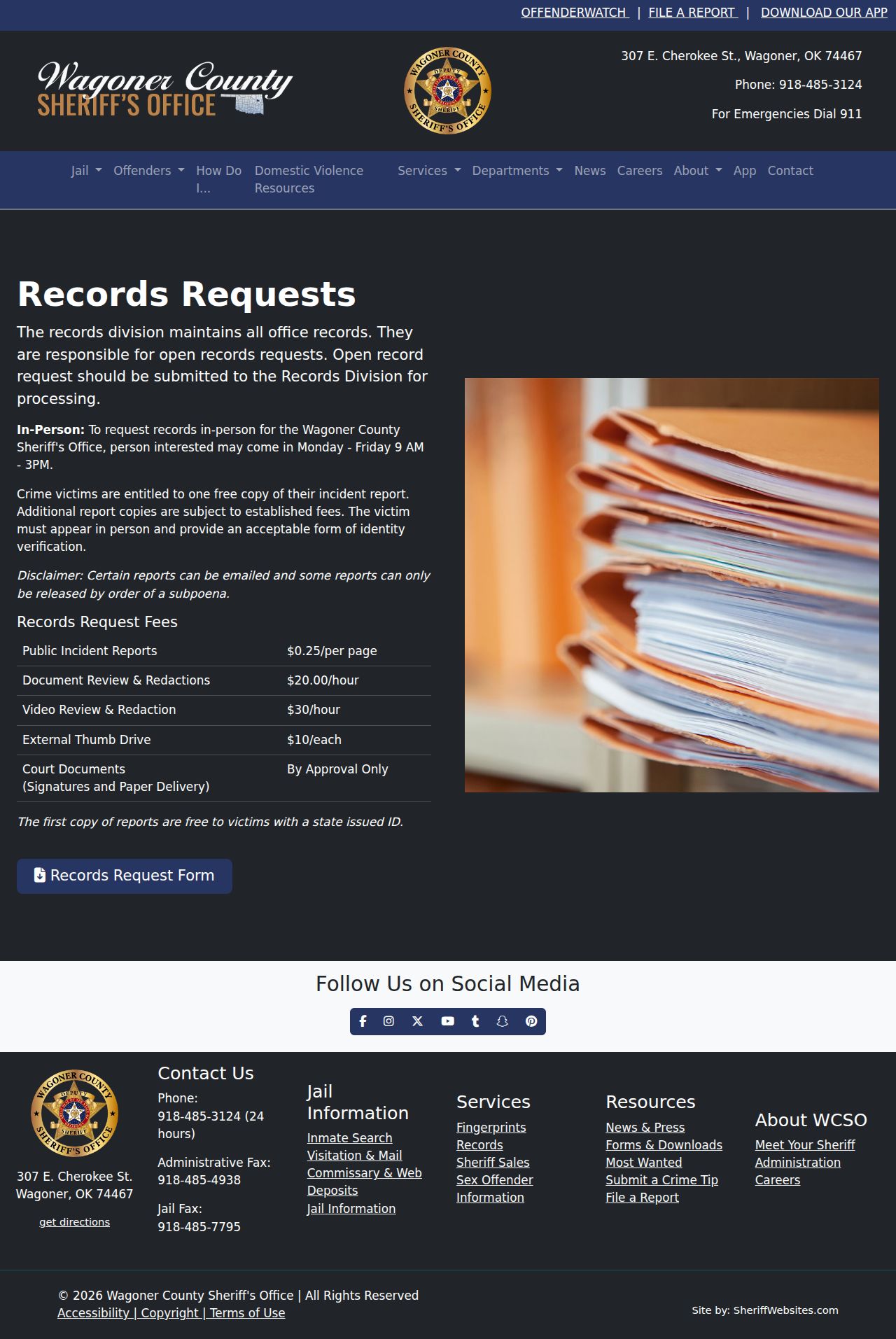Wagoner County Sheriff Records page showing ways to request a booking photograph